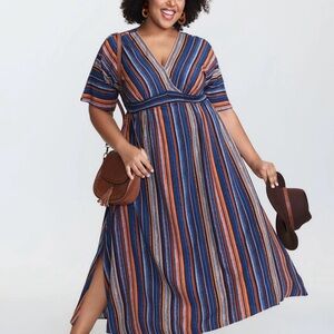 BloomChic Blue and Orange Striped Midi Dress